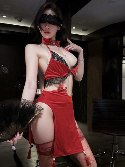 Velvet & Lace Qipao-Style Lingerie Dress - Sexy Chinese Nightie Blesssafe