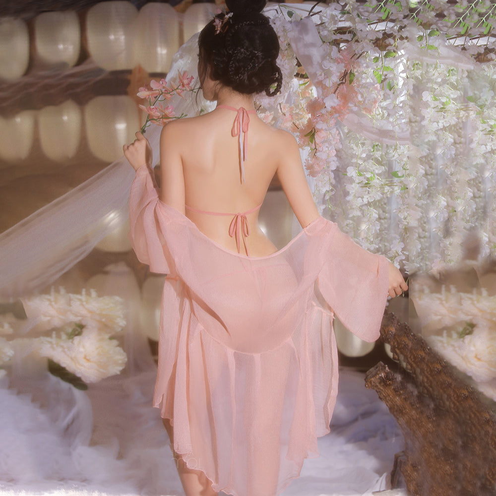 Vintage Chinese Lingerie Set Sheer Chiffon Robe Halter Cami Top and Panty Hanfu Costume Blesssafe