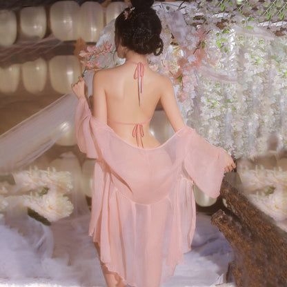 Vintage Chinese Lingerie Set Sheer Chiffon Robe Halter Cami Top and Panty Hanfu Costume Blesssafe