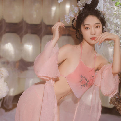 Vintage Chinese Lingerie Set Sheer Chiffon Robe Halter Cami Top and Panty Hanfu Costume Blesssafe