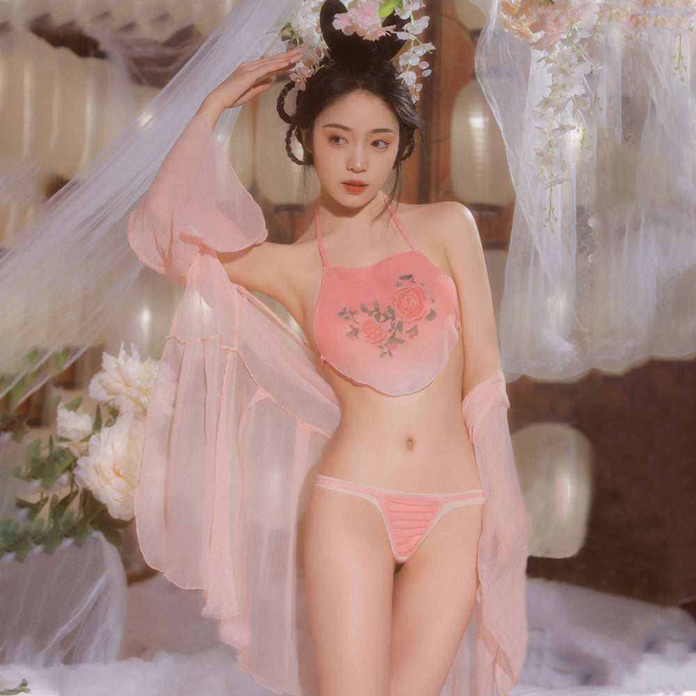 Vintage Chinese Lingerie Set Sheer Chiffon Robe Halter Cami Top and Panty Hanfu Costume Blesssafe