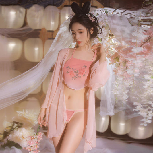 Vintage Chinese Lingerie Set Sheer Chiffon Robe Halter Cami Top and Panty Hanfu Costume Blesssafe