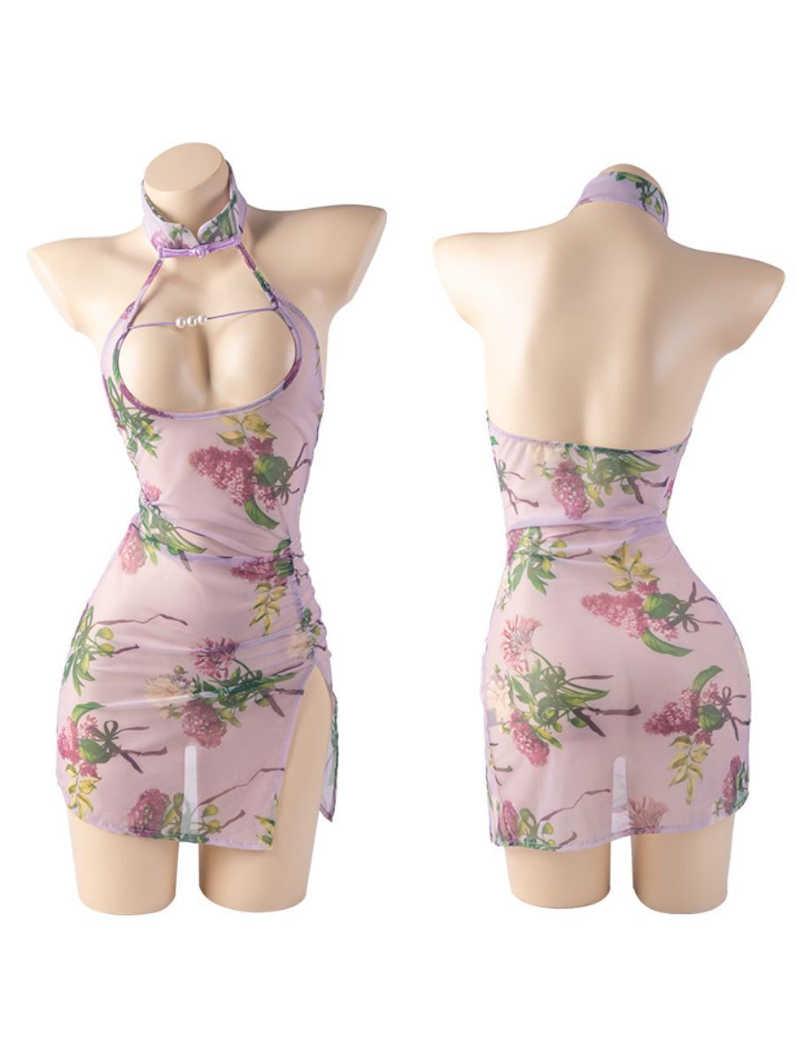 Vintage Floral Mesh Cheongsam Lingerie - Sheer Transparent Teddy Blesssafe