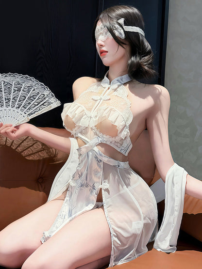White Floral Lace Cupless Cheongsam - Revealing Chinese Lingerie Blesssafe