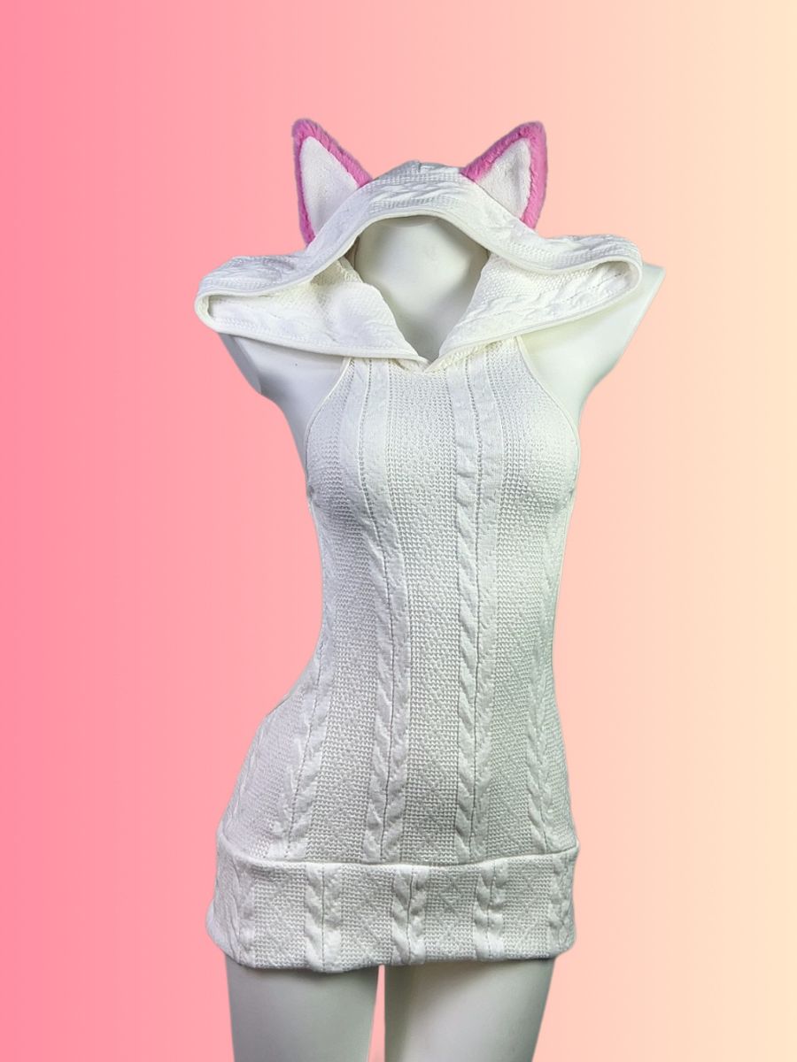Cat Ears Cable Knit Hooded Mini Dress blesssafe