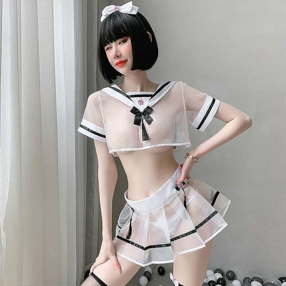 Sheer Mesh Crop Top and Pleated Skirt - Transparent Anime Uniform Blesssafe