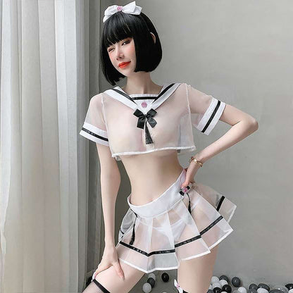 Sheer Mesh Crop Top and Pleated Skirt - Transparent Anime Uniform Blesssafe